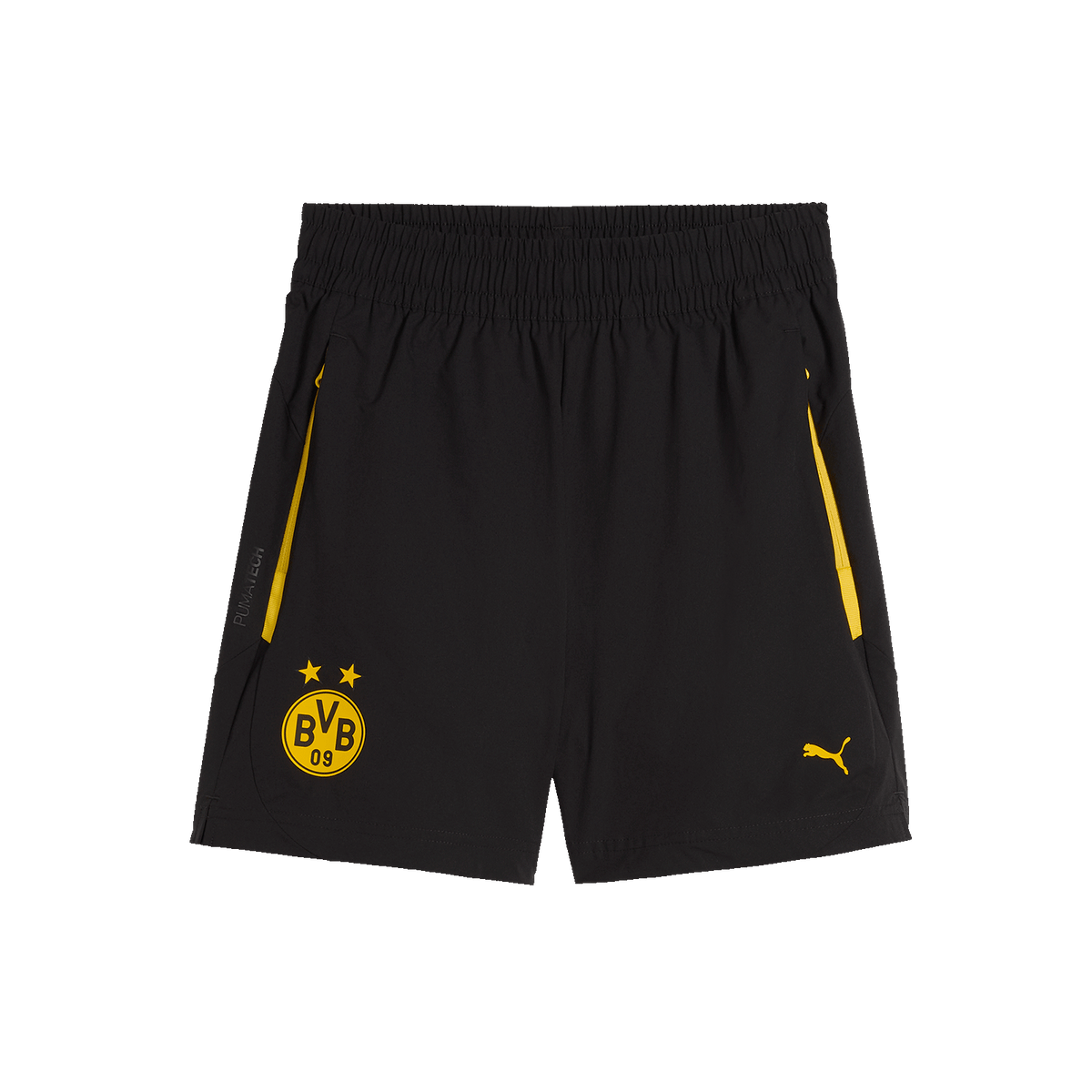 Schwarze BVB Puma Tech Relaxed Shorts für Kinder mit gelben Akzenten, elastischem Bund, BVB-Logo und Puma-Logo.