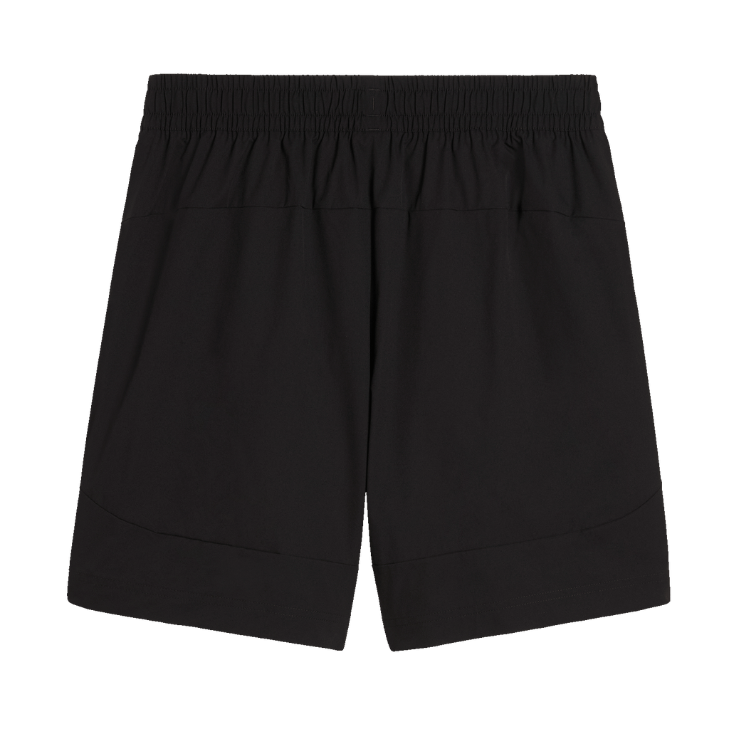 Black BVB Puma Tech Relaxed Shorts for Men, rear view with elastic waistband, ideal for sports and leisure
