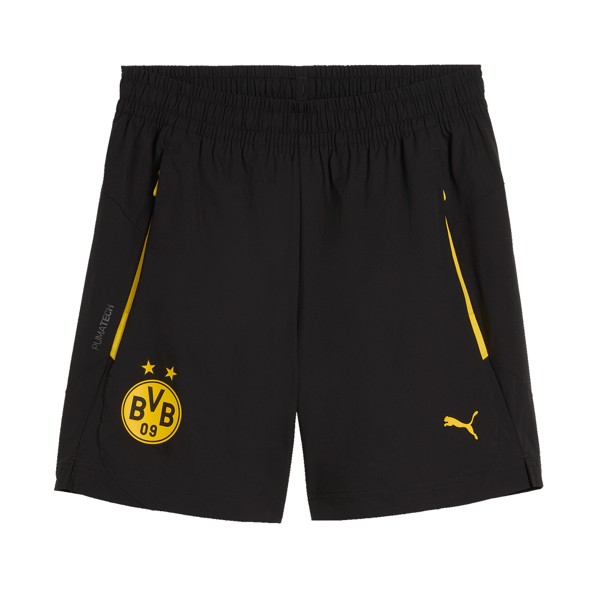Schwarze BVB Puma Tech Relaxed Shorts mit elastischem Bund, gelben Akzenten und dem BVB-Logo auf dem linken Hosenbein.