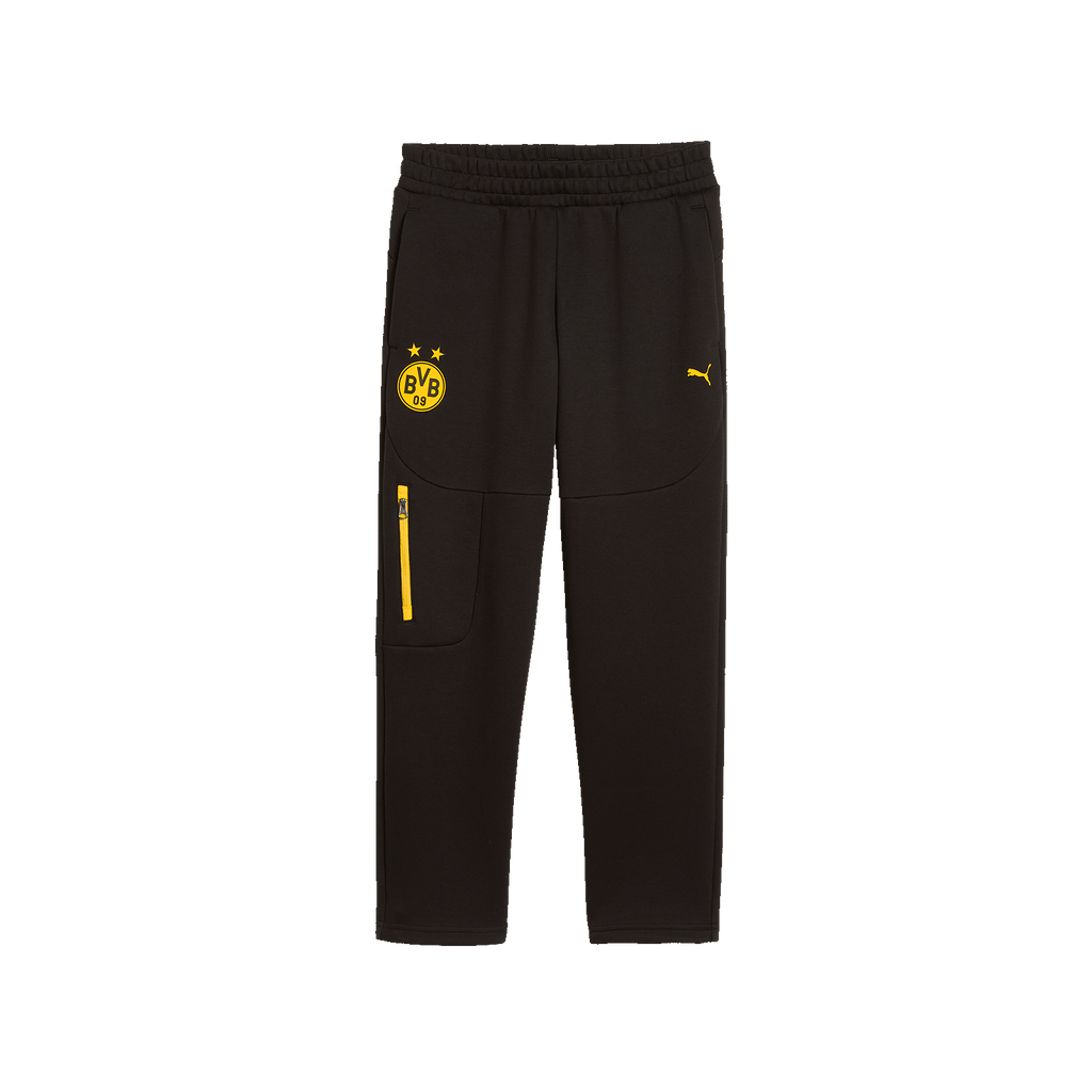 Pantalon de loisirs noir pour enfants issu de la collection BVB-Puma, orné du logo BVB jaune, du chat PUMA et d'une poche latérale zippée jaune.