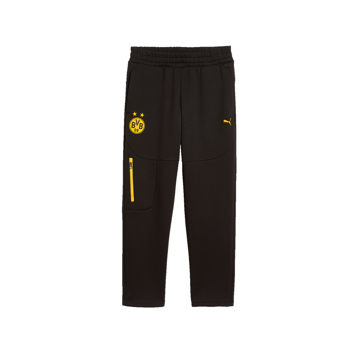 Schwarze Freizeithose für Kinder aus der BVB-Puma-Kollektion mit gelbem BVB-Logo, PUMA-Katze und seitlicher Reißverschlusstasche in Gelb.