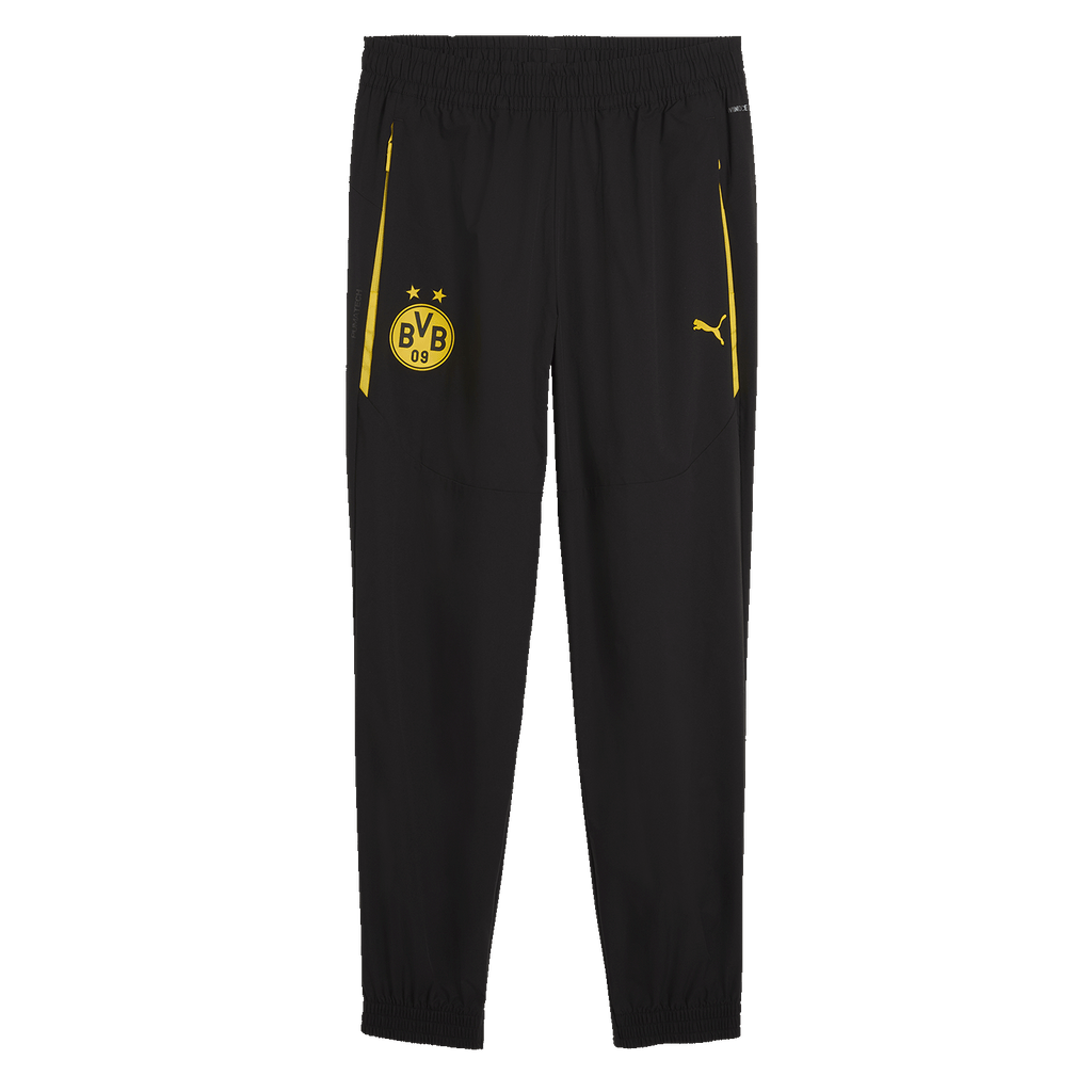 Pantaloni neri da tempo libero del BVB firmati Puma con logo giallo del BVB, logo PUMA e cerniera gialla, adatti alle attività sportive e al tempo libero.