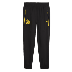 Pantalon de loisirs noir du BVB signé Puma, orné d'un logo BVB jaune, d'un logo PUMA et d'une fermeture éclair jaune, idéal pour les activités sportives et les loisirs.