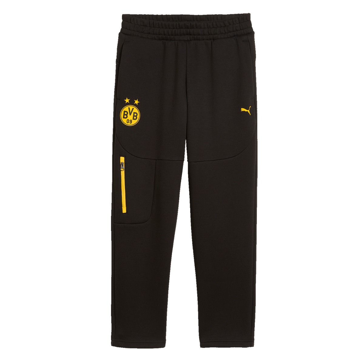 Pantalones negros de ocio del BVB de Puma con el logotipo amarillo del BVB, el logotipo de PUMA y una cremallera amarilla, ideales para actividades deportivas y de ocio.