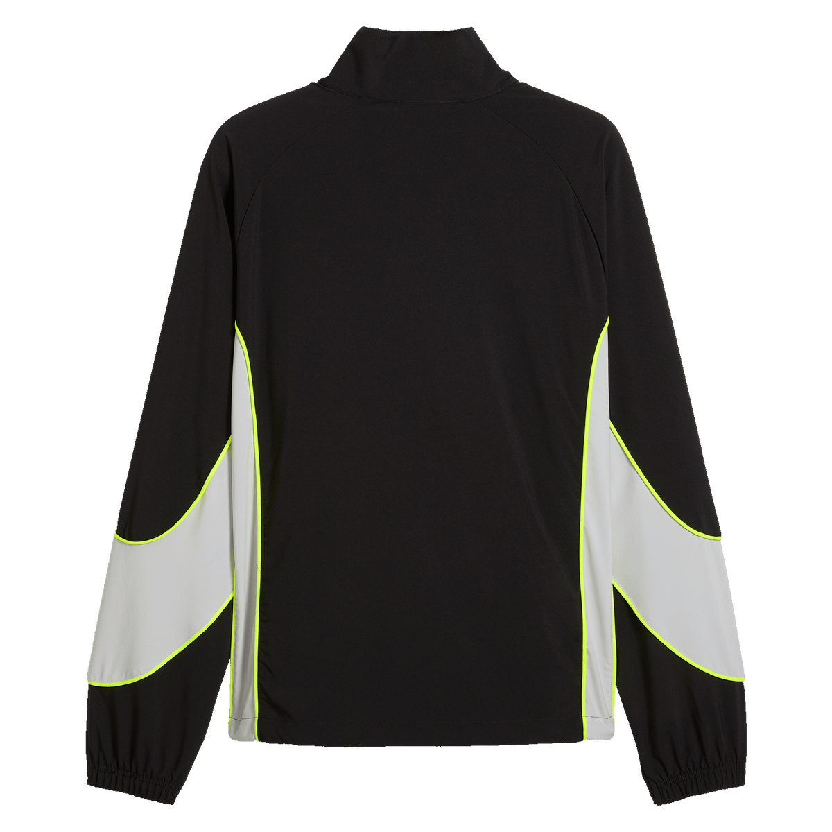 BVBの「Puma Tech-X Track」ジャケット（ブラック）の背面写真。目を引く黄色と白のアクセントが施されており、ボルシア・ドルトムントのファンに最適です。