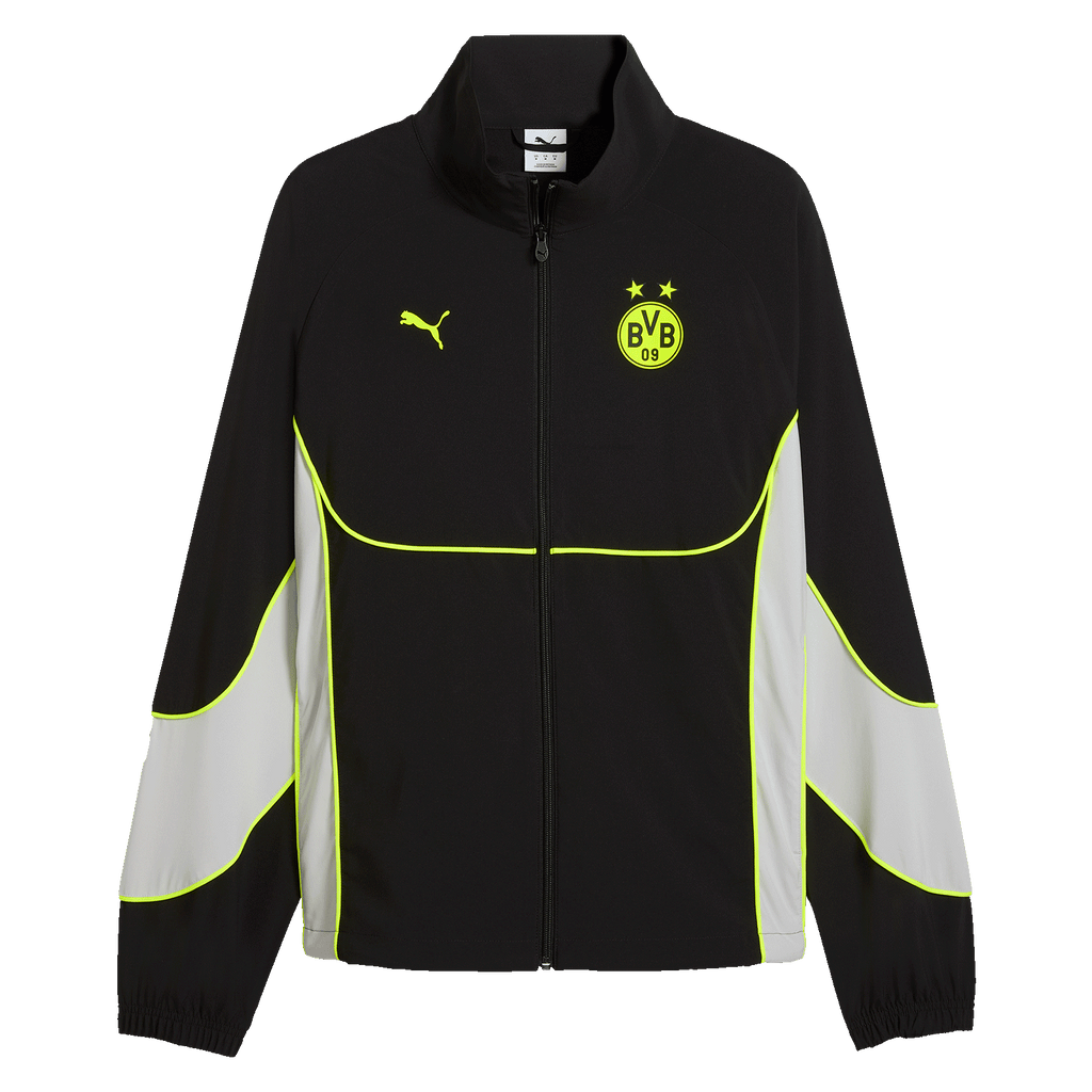 La giacca BVB Puma Tech-X Track nei colori nero e giallo, con l'iconico stemma del BVB e il logo Puma. Design sportivo, ideale per l'allenamento o il tempo libero. Vista frontale con cerniera a tutta lunghezza.