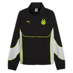La giacca BVB Puma Tech-X Track nei colori nero e giallo, con l'iconico stemma del BVB e il logo Puma. Design sportivo, ideale per l'allenamento o il tempo libero. Vista frontale con cerniera a tutta lunghezza.