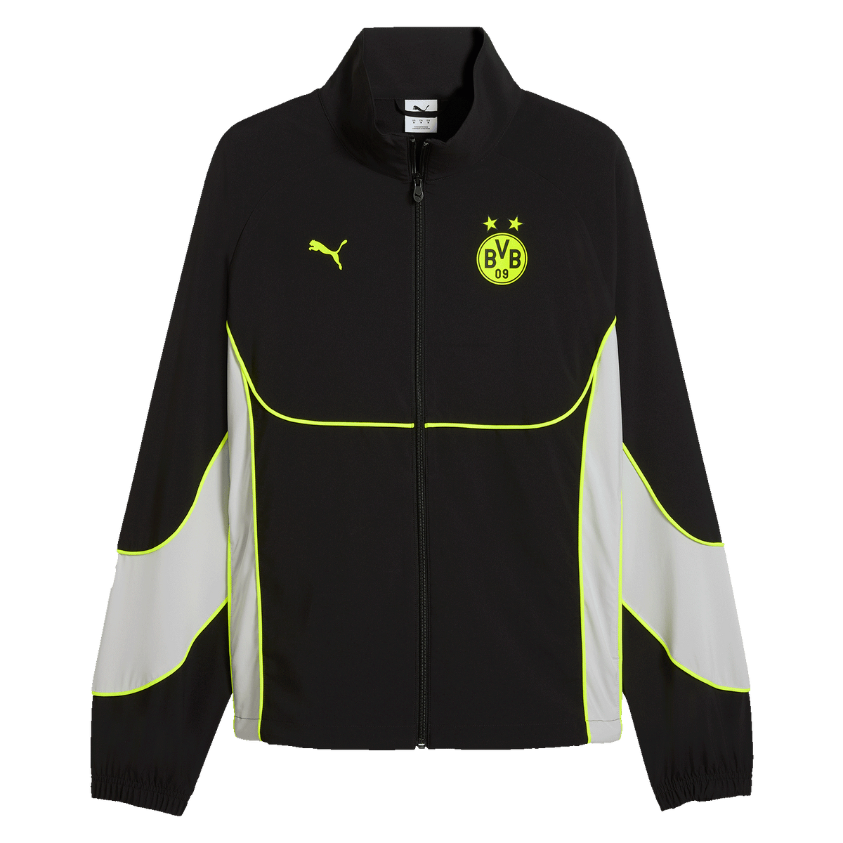 Die BVB Puma Tech-X Track Jacke in Schwarzgelb mit ikonischem BVB-Emblem und Puma-Logo. Sportliches Design, ideal für Training oder Freizeit. Vorderansicht mit durchgehendem Reißverschluss.