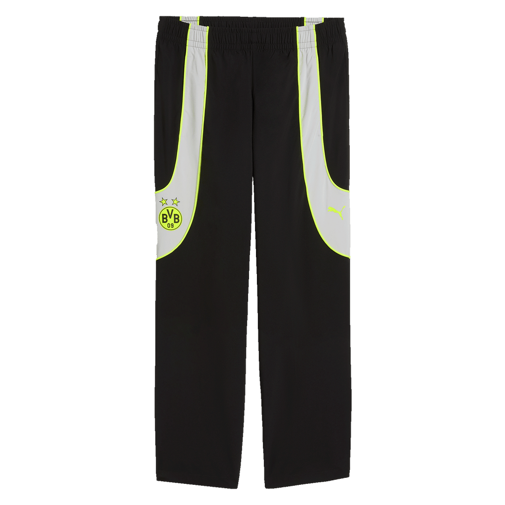 黑色多特蒙德（BVB）Puma Tech-X Track休闲裤，配有黄色点缀，两侧印有BVB标志和Puma标志，是球迷理想的运动与休闲服饰。