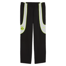 黑色多特蒙德（BVB）Puma Tech-X Track休闲裤，配有黄色点缀，两侧印有BVB标志和Puma标志，是球迷理想的运动与休闲服饰。