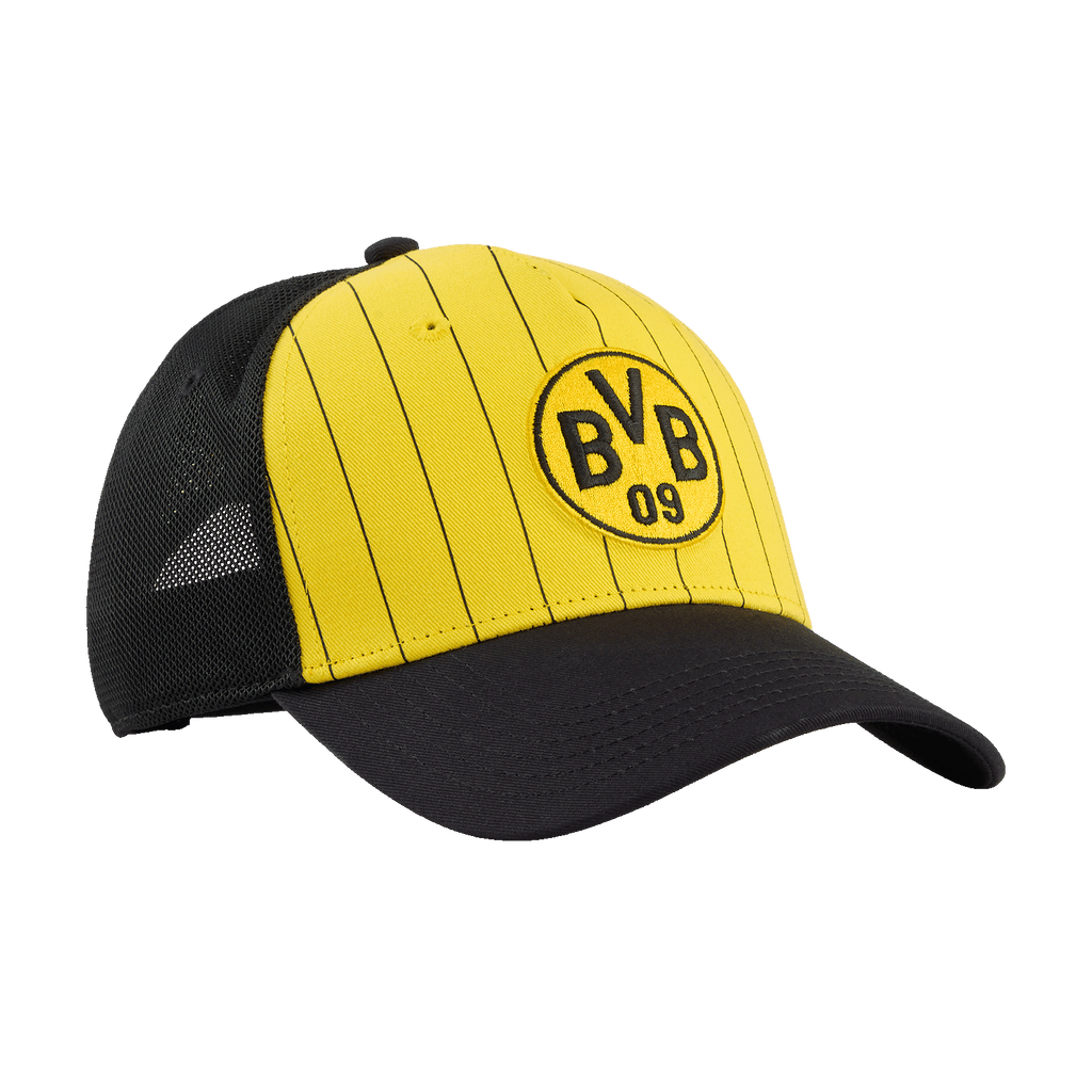 Cappellino da camionista del BVB nero e giallo King 26-27 con logo della squadra ricamato e design moderno, ideale per i tifosi del Borussia Dortmund.