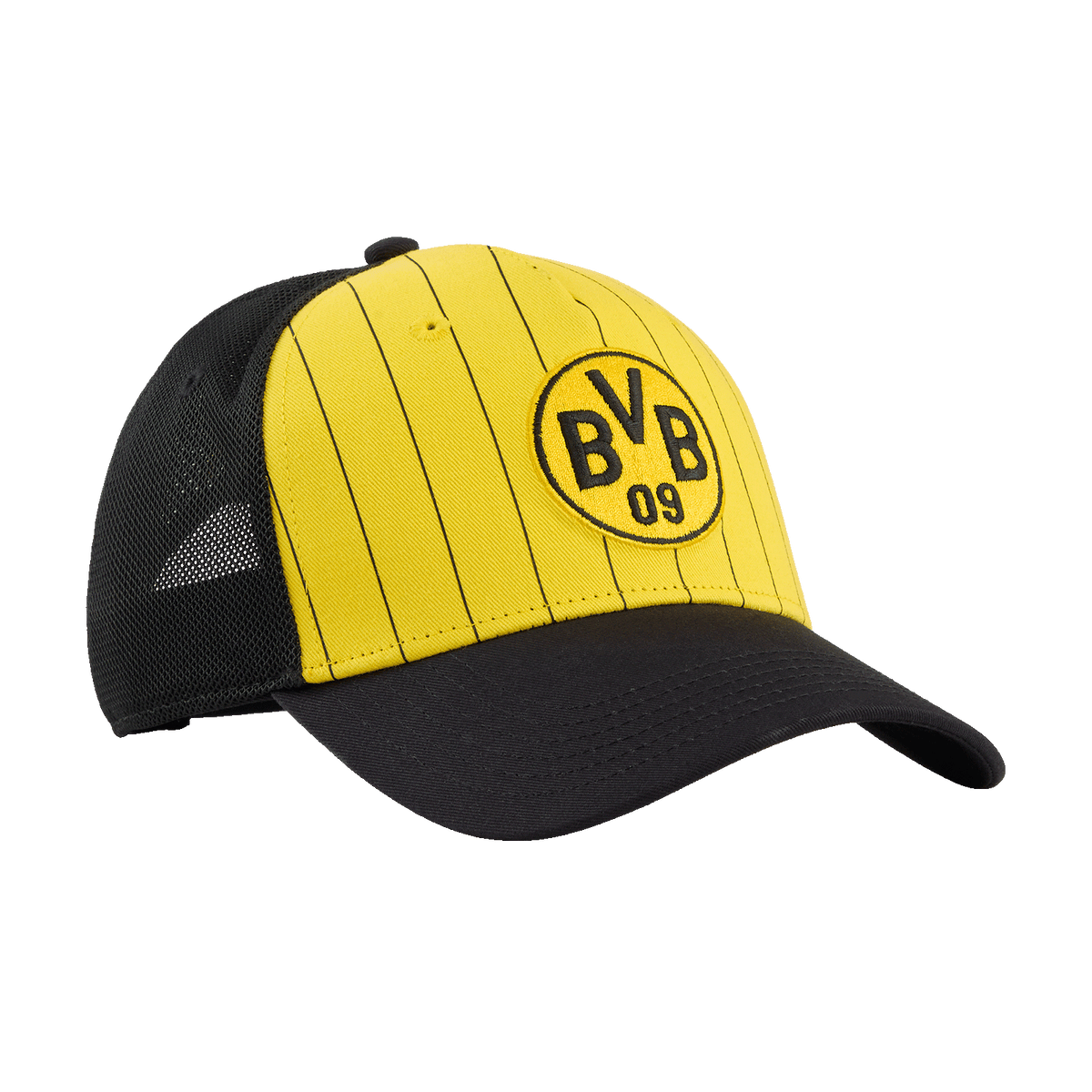 Cappellino da camionista del BVB nero e giallo King 26-27 con logo della squadra ricamato e design moderno, ideale per i tifosi del Borussia Dortmund.