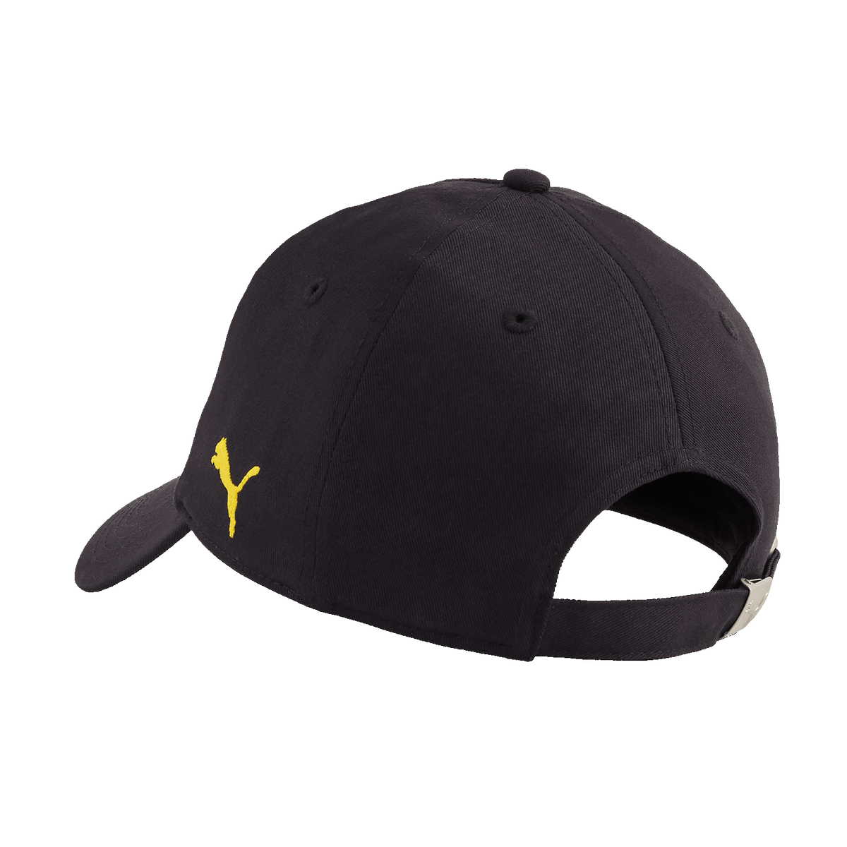 Eine schwarze BVB-Kappe von Puma mit gelbem Logo, Rückansicht, einstellbarer Verschluss.