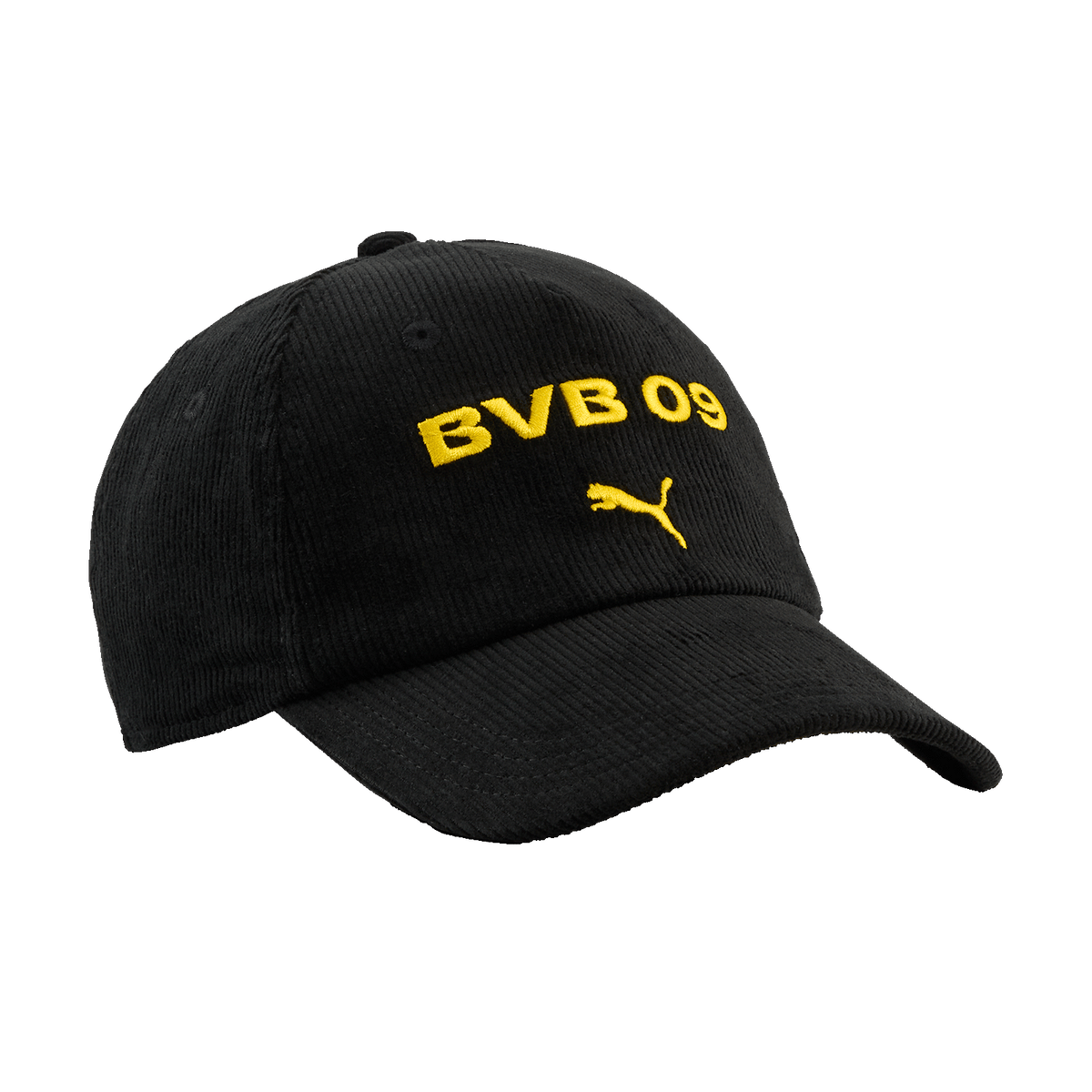 Schwarze Corduroy-Kappe von Puma mit BVB 09-Logo und Puma-Logo in Gelb auf der Vorderseite, ideal für Fans von Borussia Dortmund.