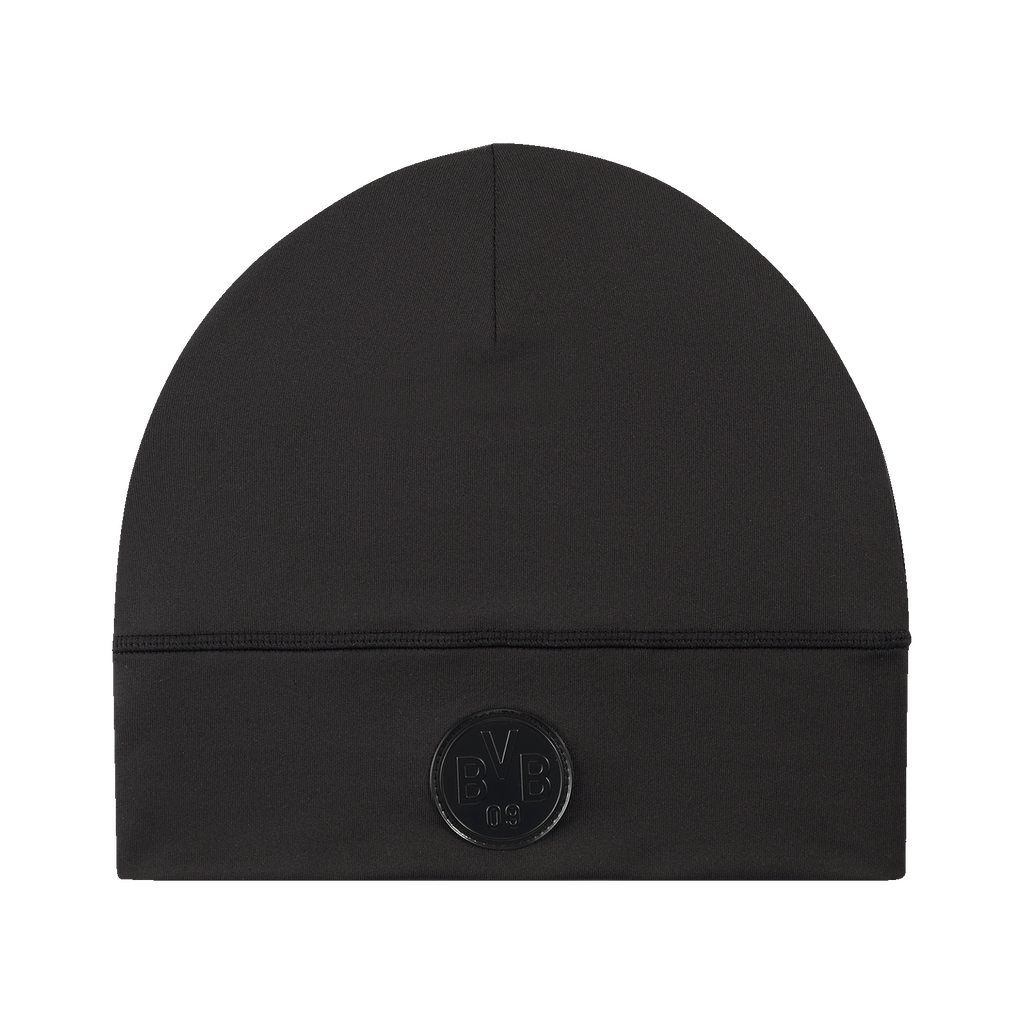Schwarze BVB-Puma-Tech-Mütze aus der Borussia Dortmund Kollektion, mit gesticktem BVB-Logo, ideal für Fans.