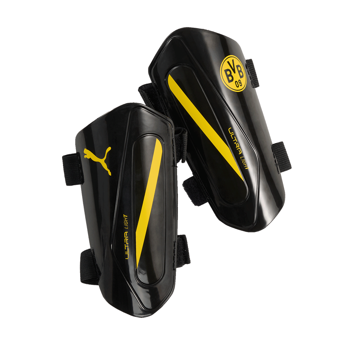 Schwarze BVB PUMA Schienbeinschoner mit gelben Akzenten, BVB-Emblem und Ultra-Light-Design, ideal für Fußball-Training und Spiele.