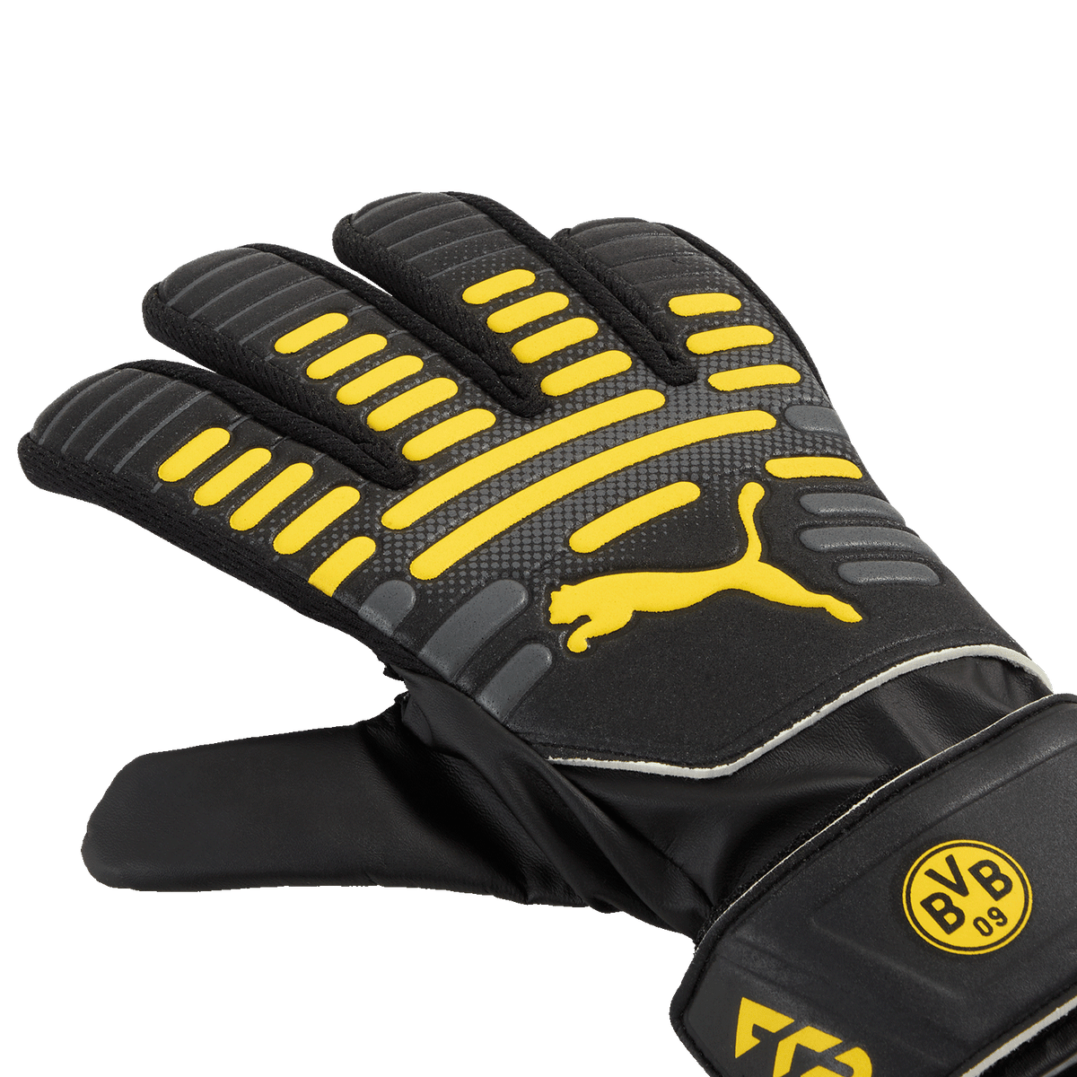 Guanti da portiere Puma del BVB neri, taglia bambino 26-27, con dettagli gialli, logo BVB e logo Puma, adatti ai calciatori.
