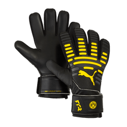 Black and yellow BVB goalkeeper gloves by PUMA in children's sizes 26-27, featuring club and brand logos—perfect for young soccer fans and goalkeepers.