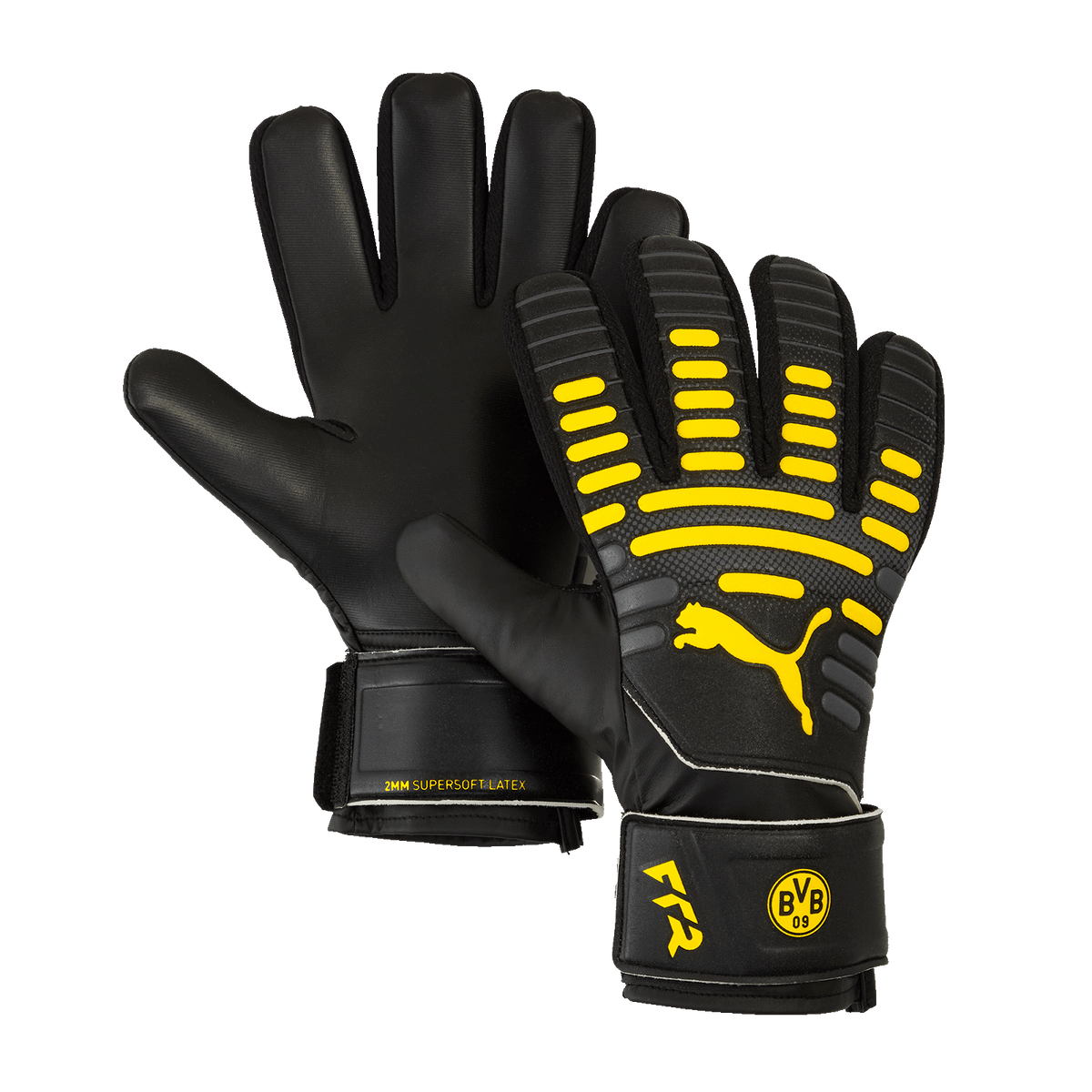 Guanti da portiere del BVB neri e gialli di PUMA, taglia bambino 26-27, con i loghi della squadra e del marchio, ideali per i giovani appassionati di calcio e per i portieri.