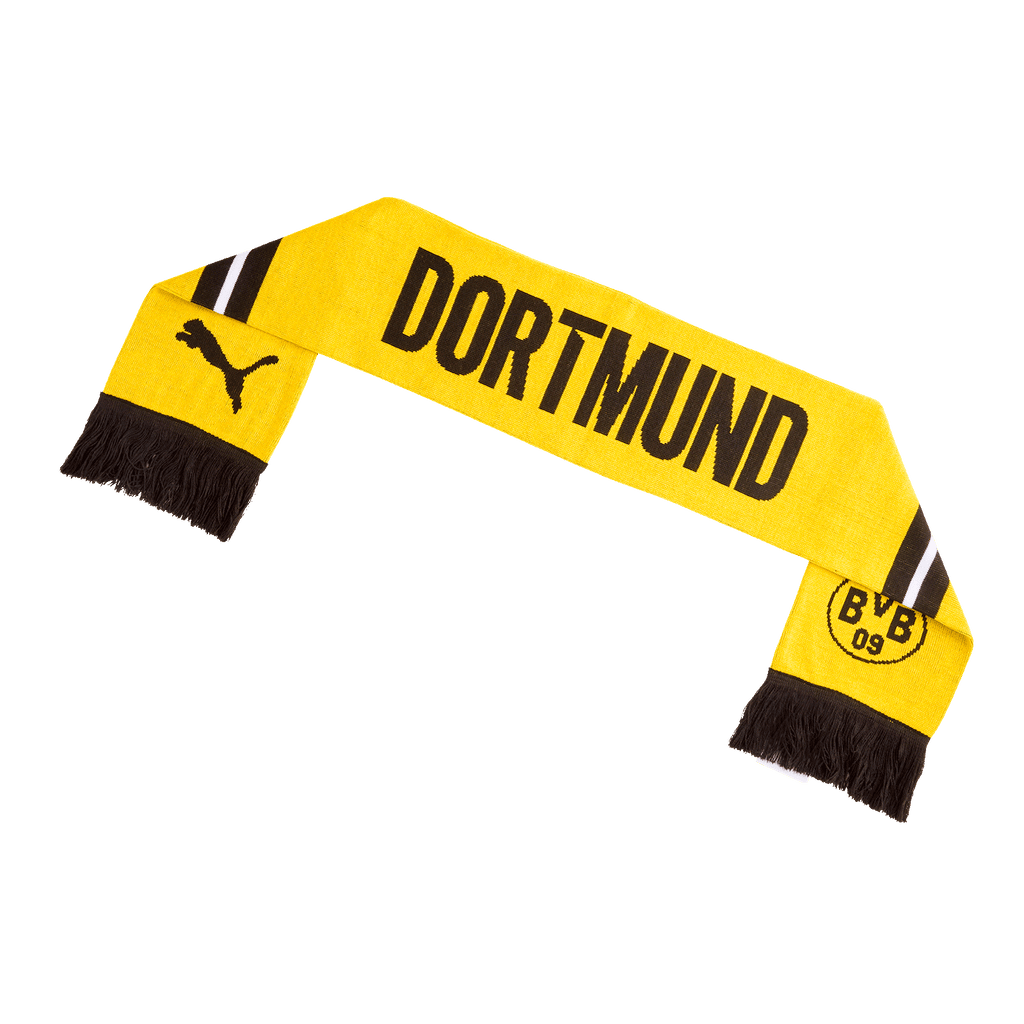 The BVB Puma ESS scarf in black-and-yellow with club and PUMA branding—perfect for Borussia Dortmund fans.