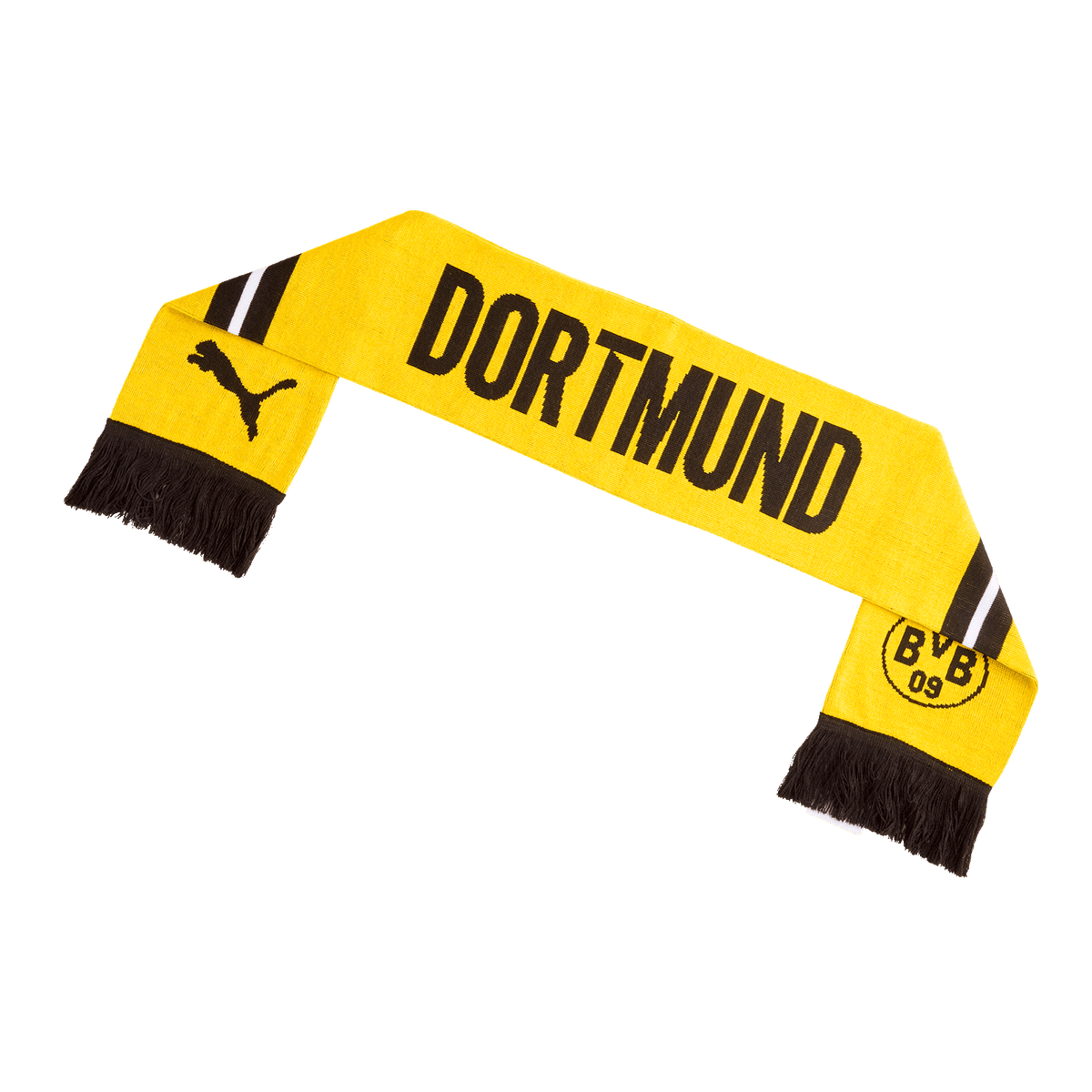 La bufanda del BVB Puma ESS, con diseño en negro y amarillo y los logotipos del club y de PUMA, perfecta para los aficionados del Borussia Dortmund.
