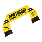The BVB scarf, featuring a black-and-yellow design, displays the word "DORTMUND," the BVB logo, and the PUMA logo, and is official merchandise for Borussia Dortmund fans.