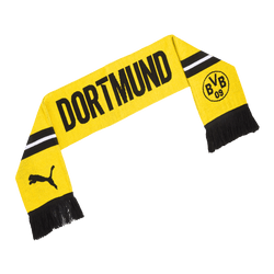 The BVB scarf, featuring a black-and-yellow design, displays the word "DORTMUND," the BVB logo, and the PUMA logo, and is official merchandise for Borussia Dortmund fans.