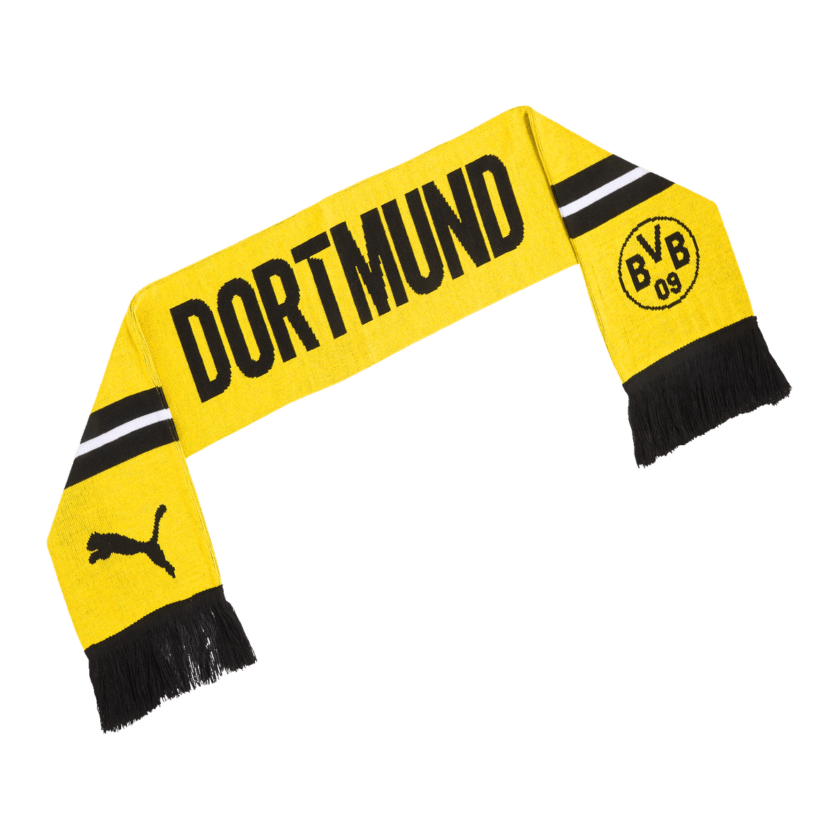 La bufanda del BVB, con su diseño en negro y amarillo, lleva la inscripción «DORTMUND», el logotipo del BVB y el logotipo de PUMA, y es un producto oficial para los aficionados del Borussia Dortmund.