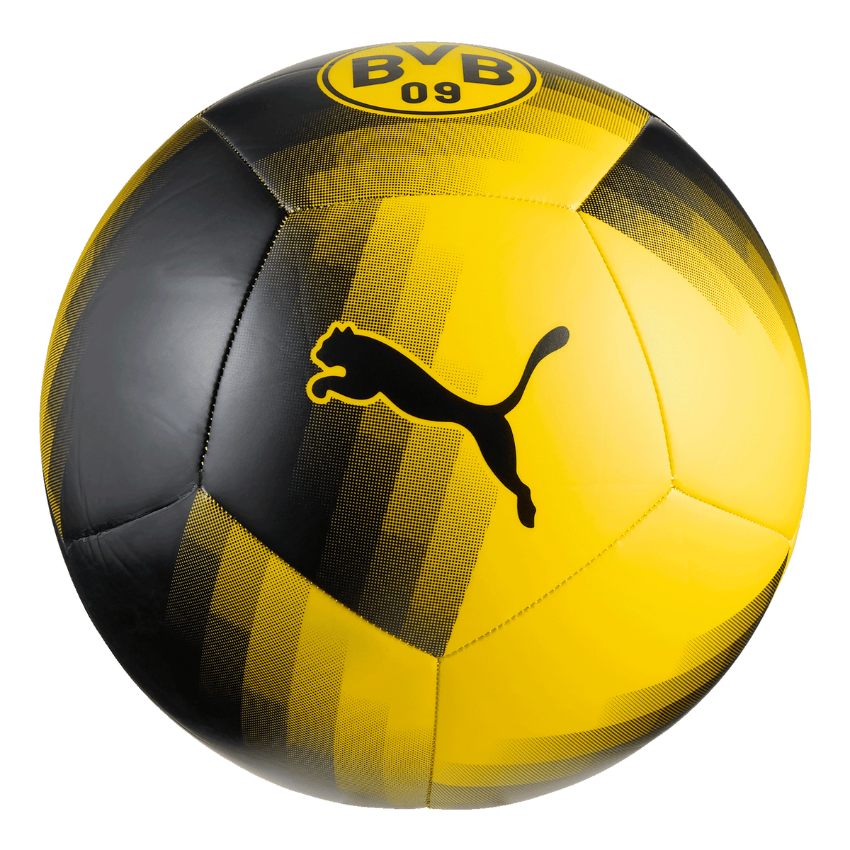 Schwarzgelber Fußball mit BVB-Emblem und Puma-Logo, offizieller Borussia Dortmund Fanartikel.