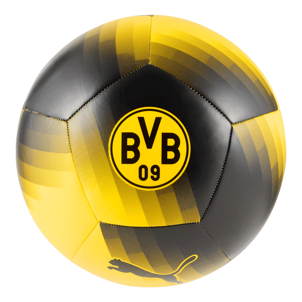 BVB Puma ESS Ball in schwarzgelbem Design mit BVB 09-Logo und Puma-Logo, ideal für Fans von Borussia Dortmund.