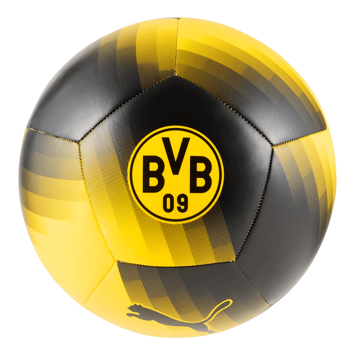 BVB Puma ESS Ball in schwarzgelbem Design mit BVB 09-Logo und Puma-Logo, ideal für Fans von Borussia Dortmund.