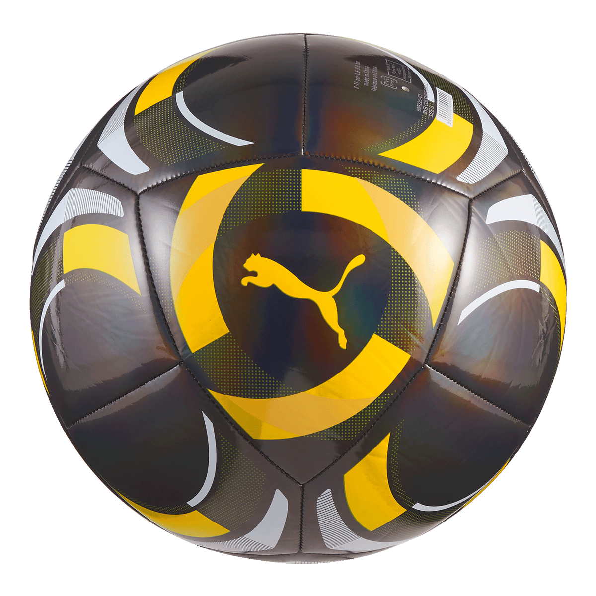 黒と黄色のBVBプーマサッカーボール。ダイナミックな黄色と黒の模様と、目立つプーマのロゴが特徴で、サッカーの試合やBVBファンに最適です。
