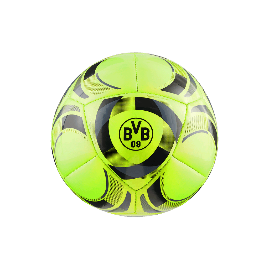Gelber BVB 09 Mini-Fußball von PUMA mit schwarzem Muster und prominentem Borussia Dortmund Logo, ideal für Fans und Sportbegeisterte