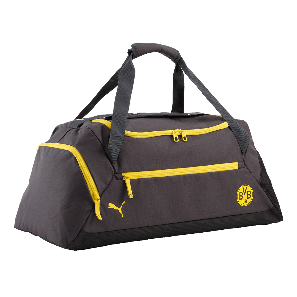 Dunkelgraue BVB-Puma-Sporttasche mit gelben Reißverschlüssen und gelbem BVB-Emblem, ideal für Training und Sport.