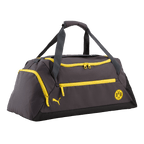 Dunkelgraue BVB-Puma-Sporttasche mit gelben Reißverschlüssen und gelbem BVB-Emblem, ideal für Training und Sport.
