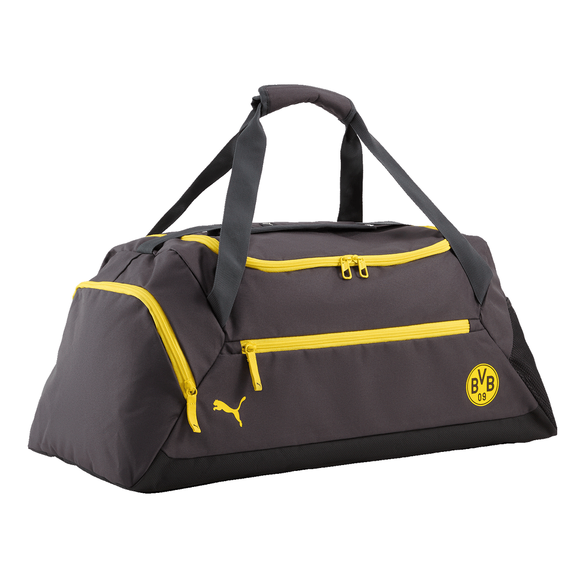 Dunkelgraue BVB-Puma-Sporttasche mit gelben Reißverschlüssen und gelbem BVB-Emblem, ideal für Training und Sport.