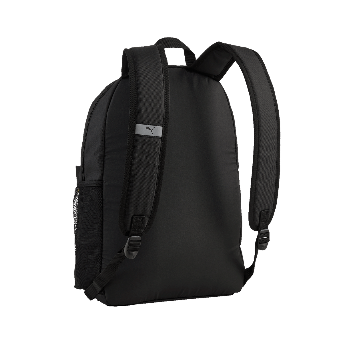 Black BVB Puma Ess Backpack 26-27 with a shiny Puma logo on one shoulder strap, padded straps, and a mesh side pocket; rear view.