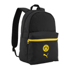 Mochila negra del BVB de Puma con cremallera amarilla y el logotipo del BVB estampado, así como el logotipo de Puma en la parte delantera.