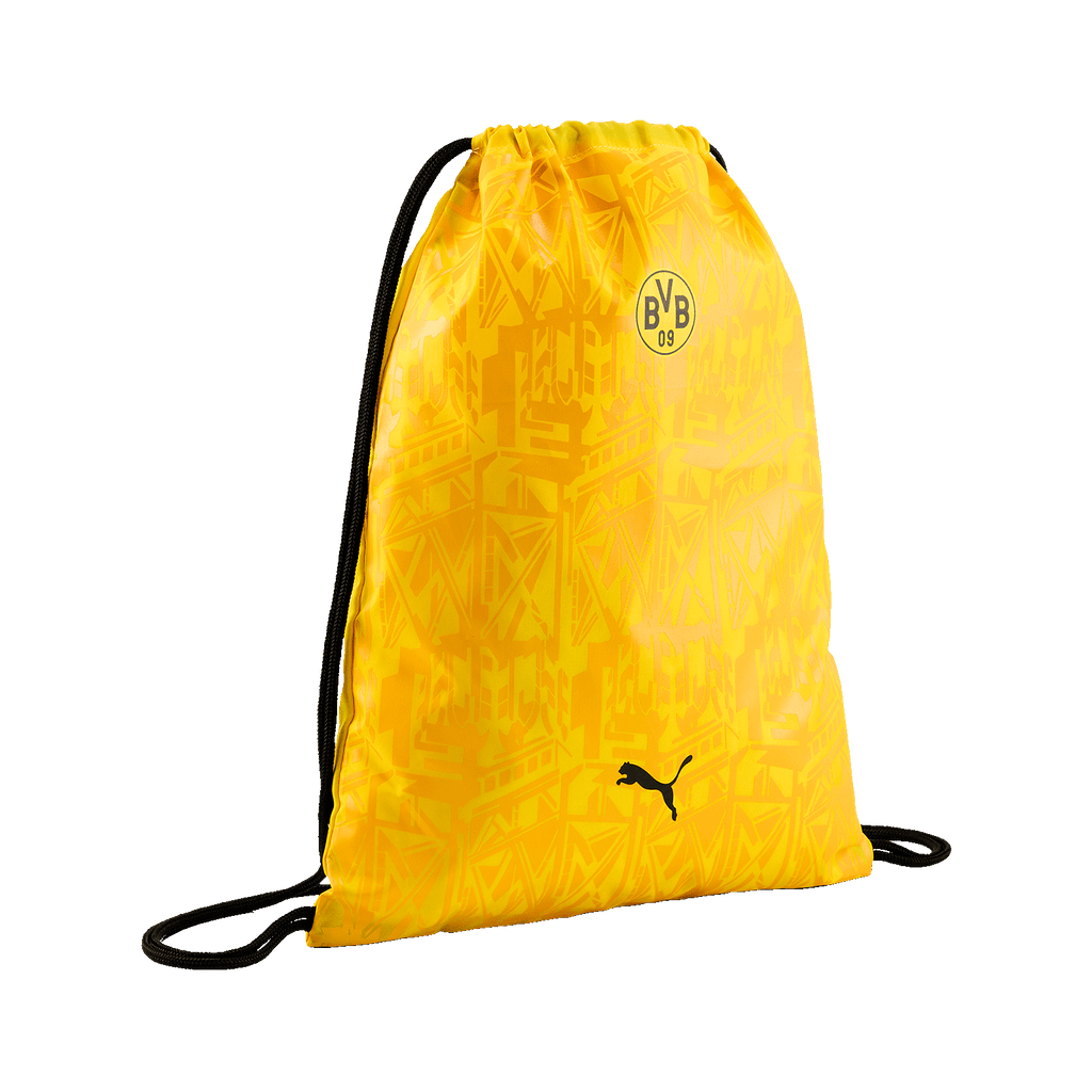 Black-and-yellow PUMA gym bag featuring the BVB logo and a stylized graphic design, perfect for BVB fans.
