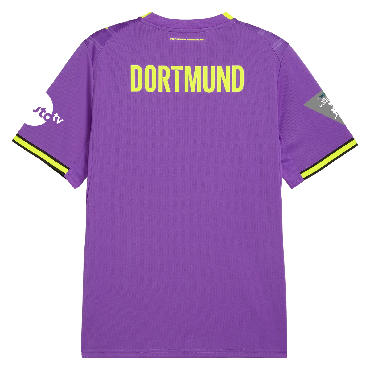 Purple BVB gaming jersey 2026/27, back view featuring yellow "Dortmund" lettering, black-and-yellow cuffs, and a sponsor logo on the sleeve.
