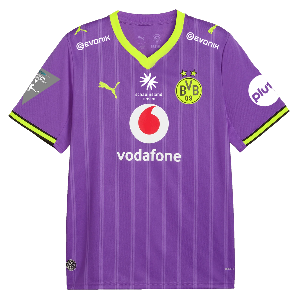 Borussia Dortmund gaming jersey in purple for the 2026–27 season, featuring the Vodafone logo, the BVB emblem, and the Puma logo; front view.