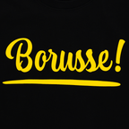 ボルシア・ドルトムントの黒のキッズTシャツ。黄色の「Borusse!」の文字が入っており、BVBの若いファンにぴったりです。