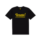 黑色多特蒙德（BVB）儿童T恤，胸前印有黄色“Borusse!”字样，内标上印有多特蒙德（BVB）队徽。