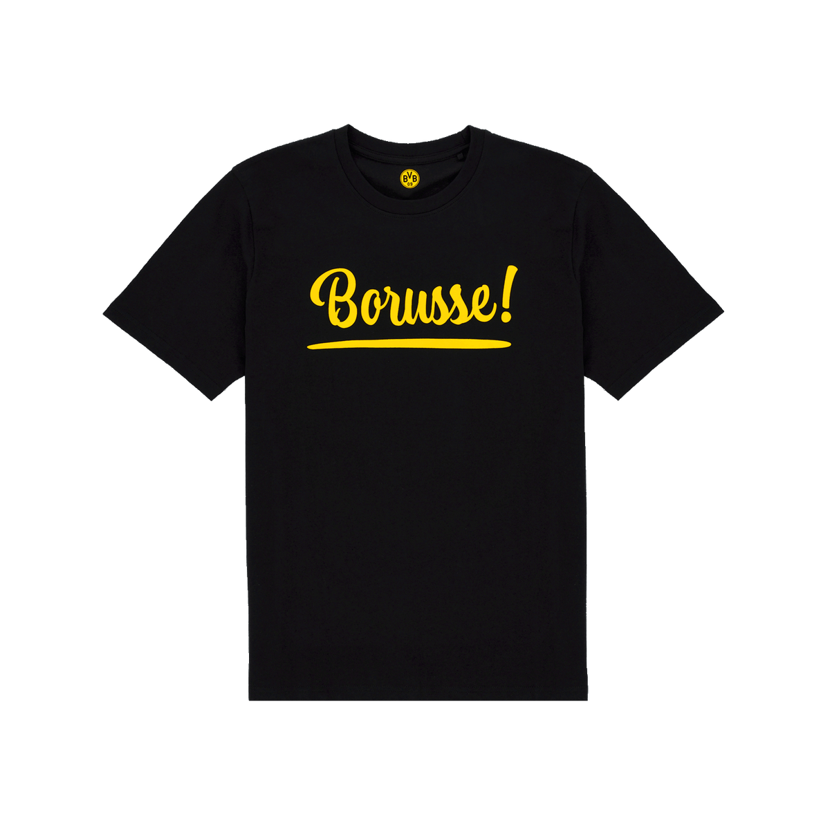 Schwarzes BVB-T-Shirt für Kinder mit gelbem 'Borusse!'-Schriftzug und BVB-Logo auf dem Innenetikett.