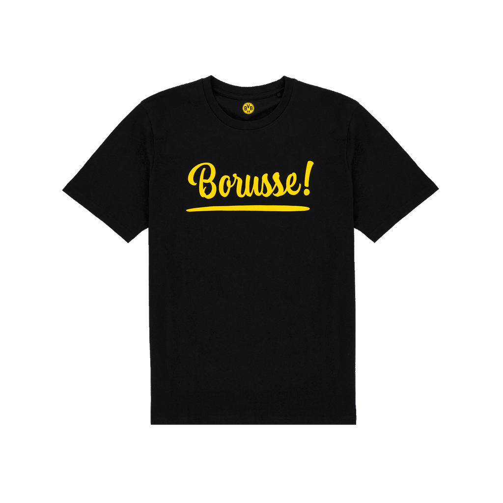 黄色の「Borusse!」の文字と、内側のタグにBVBのロゴが入った、子供用の黒色のBVB Tシャツ。