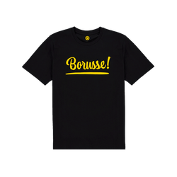 黄色の「Borusse!」の文字と、内側のタグにBVBのロゴが入った、子供用の黒色のBVB Tシャツ。