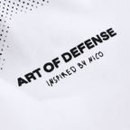 Weißes BVB T-Shirt mit schwarzem 'Art of Defense' Schriftzug inspiriert von Nico, Detailansicht.