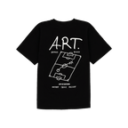 Schwarzes BVB INBY III T-Shirt für Kinder mit weißem ART.-Design und Fußballfeld-Grafik auf der Rückseite, ideal für Freizeit und Fans von Borussia Dortmund.