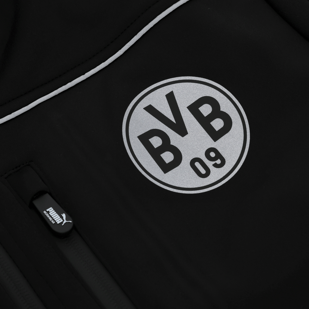 Black softshell work jacket from BVB 09 and PUMA featuring a white BVB logo and zipper details, ideal for fans and work assignments.