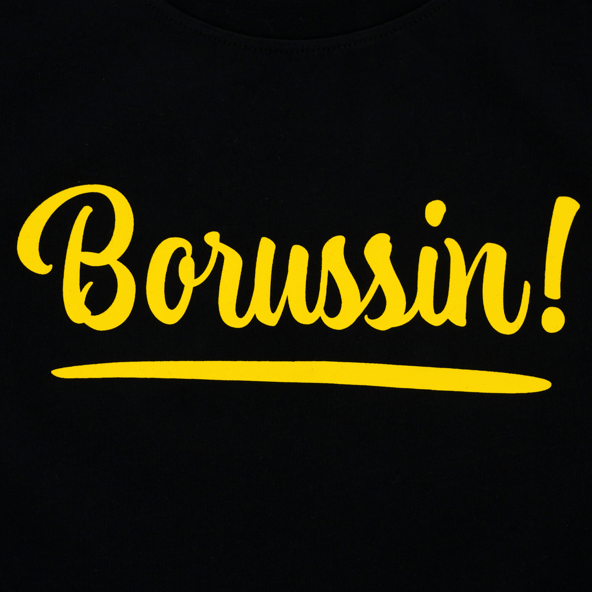 Schwarzes Kinder-T-Shirt von Borussia Dortmund mit gelbem 'Borussin!'-Schriftzug, ideal als Fanartikel für junge Fans.